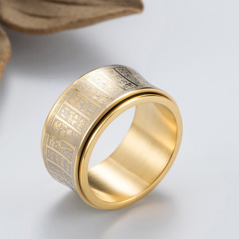 Wear FengShui Tibetan Seal Script Golden Light Mantra Titanium Steel Spinner Balance Ring