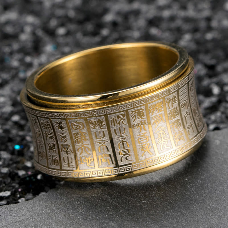 Wear FengShui Tibetan Seal Script Golden Light Mantra Titanium Steel Spinner Balance Ring