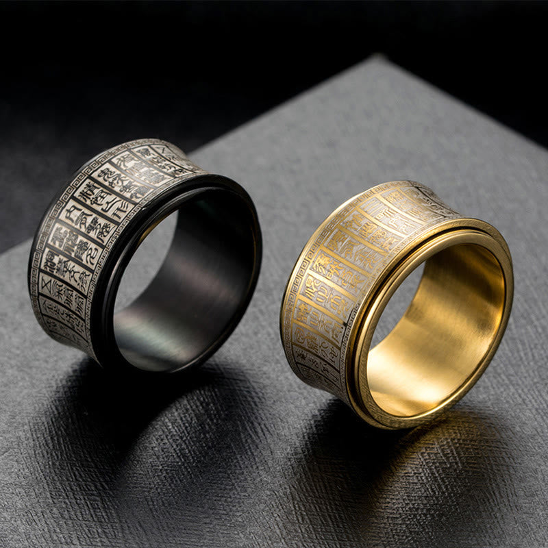 Wear FengShui Tibetan Seal Script Golden Light Mantra Titanium Steel Spinner Balance Ring