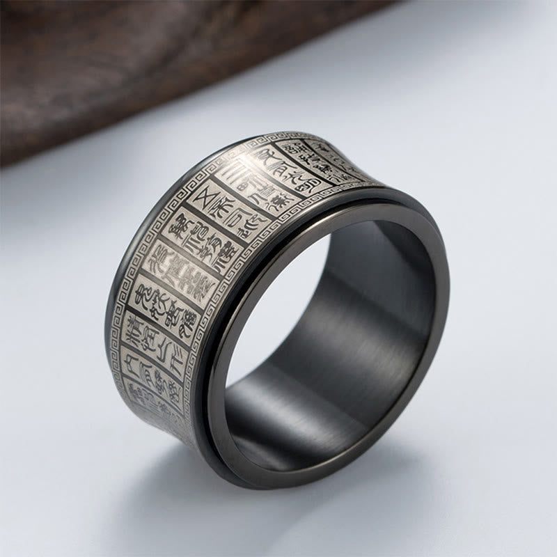 Wear FengShui Tibetan Seal Script Golden Light Mantra Titanium Steel Spinner Balance Ring