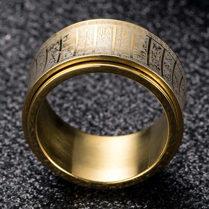 Wear FengShui Tibetan Seal Script Golden Light Mantra Titanium Steel Spinner Balance Ring