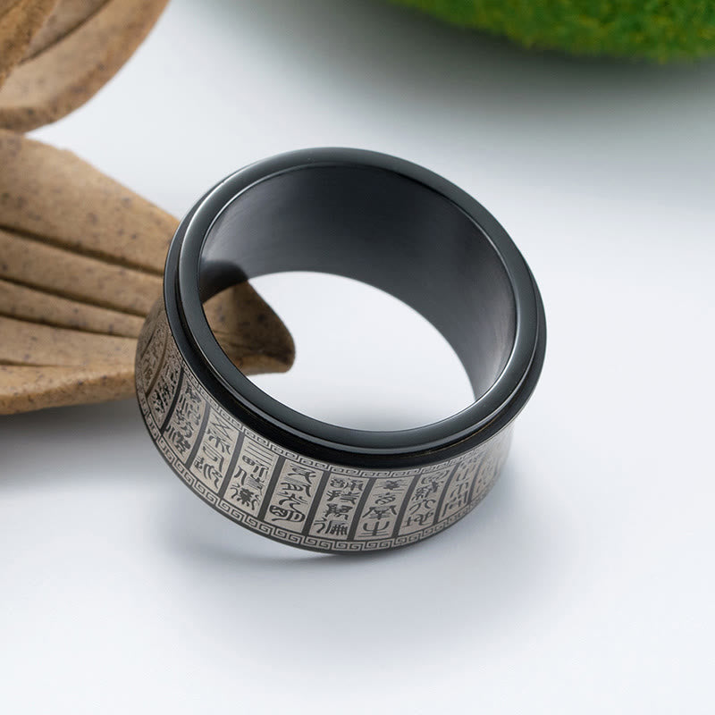Wear FengShui Tibetan Seal Script Golden Light Mantra Titanium Steel Spinner Balance Ring