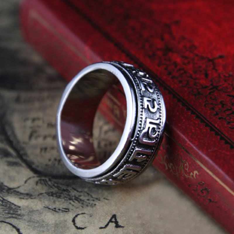 Wear FengShui Tibetan Om Mani Padme Hum Titanium Steel Spinner Balance Ring