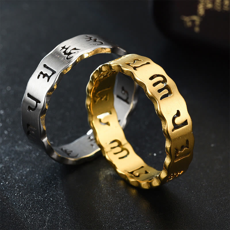 Wear FengShui Tibetan Hollow Om Mani Padme Hum Titanium Steel Balance Ring