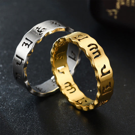 Wear FengShui Tibetan Hollow Om Mani Padme Hum Titanium Steel Balance Ring