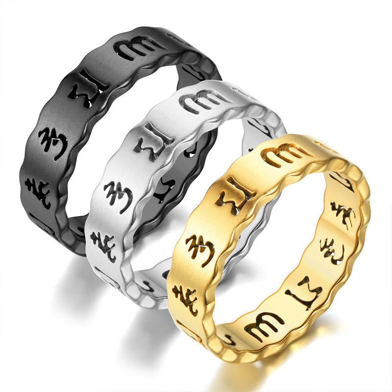 Wear FengShui Tibetan Hollow Om Mani Padme Hum Titanium Steel Balance Ring