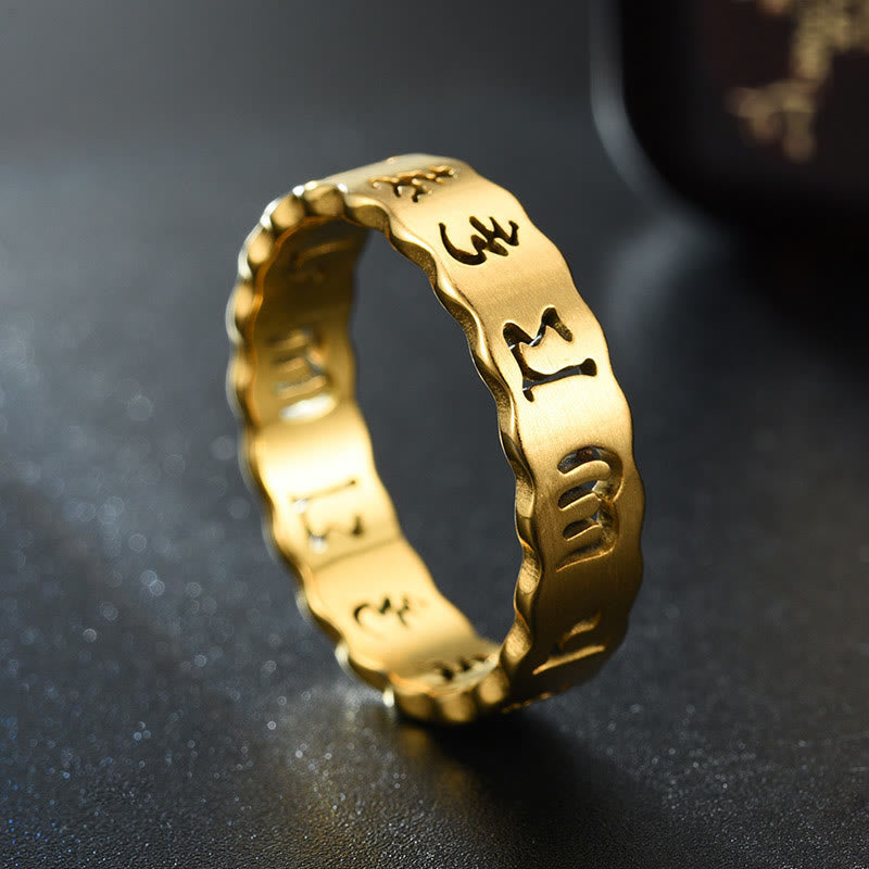Wear FengShui Tibetan Hollow Om Mani Padme Hum Titanium Steel Balance Ring