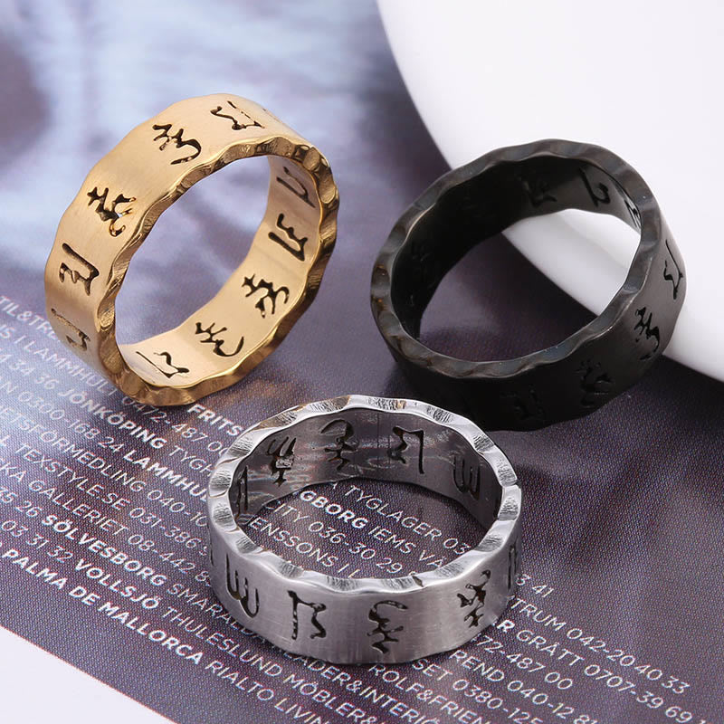 Wear FengShui Tibetan Hollow Om Mani Padme Hum Titanium Steel Balance Ring