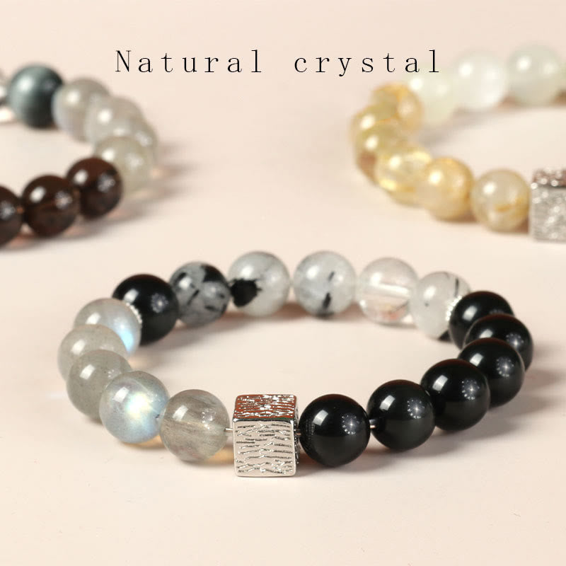 Wear FengShui Black Obsidian Black Rutilated Quartz Moonstone Cube Strength Bracelet