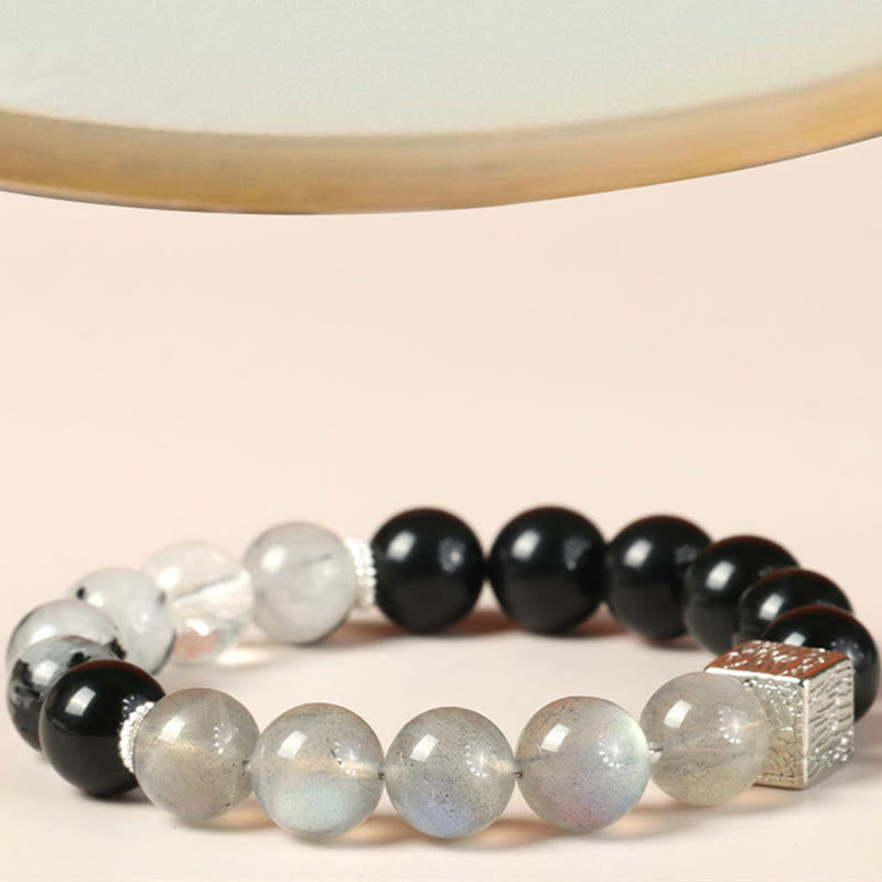 Wear FengShui Black Obsidian Black Rutilated Quartz Moonstone Cube Strength Bracelet
