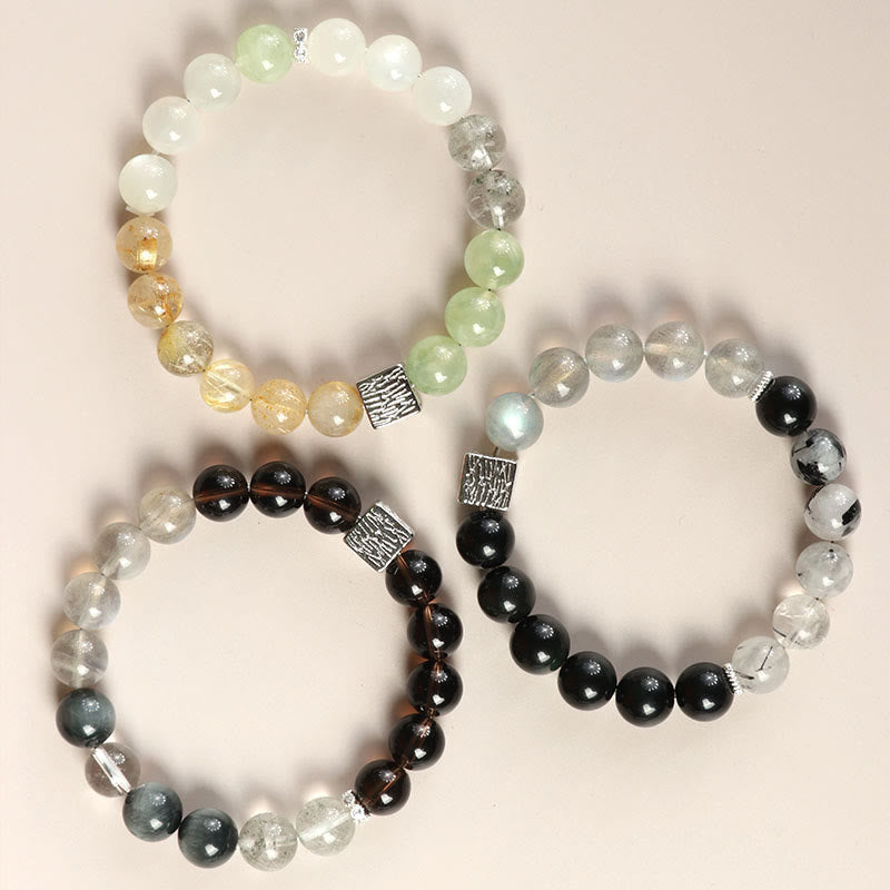 Wear FengShui Black Obsidian Black Rutilated Quartz Moonstone Cube Strength Bracelet