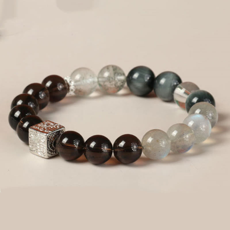 Wear FengShui Black Obsidian Black Rutilated Quartz Moonstone Cube Strength Bracelet