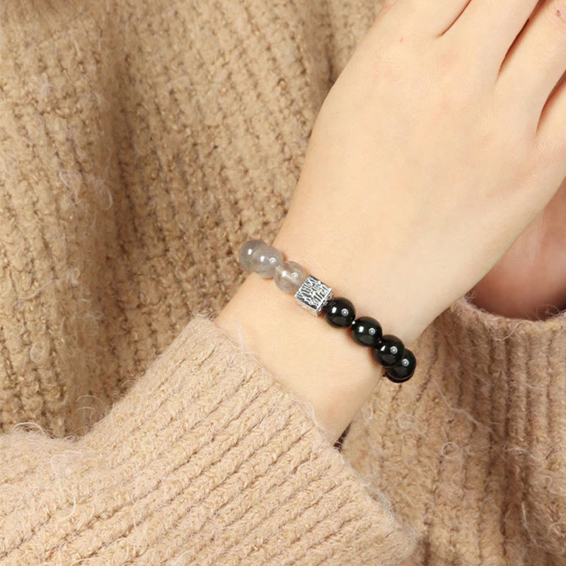 Wear FengShui Black Obsidian Black Rutilated Quartz Moonstone Cube Strength Bracelet