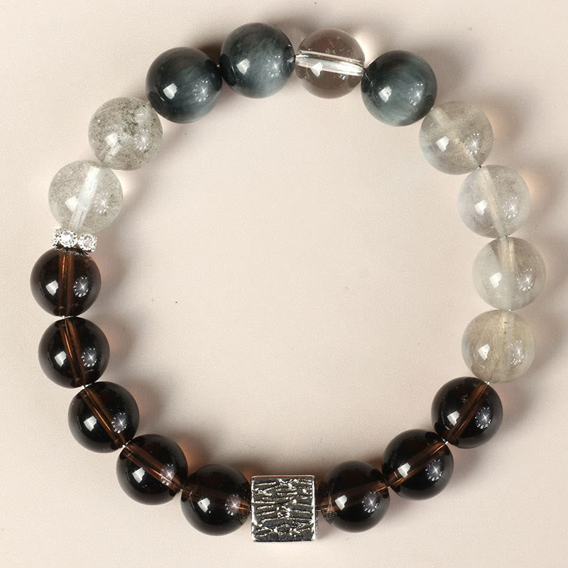 Wear FengShui Black Obsidian Black Rutilated Quartz Moonstone Cube Strength Bracelet