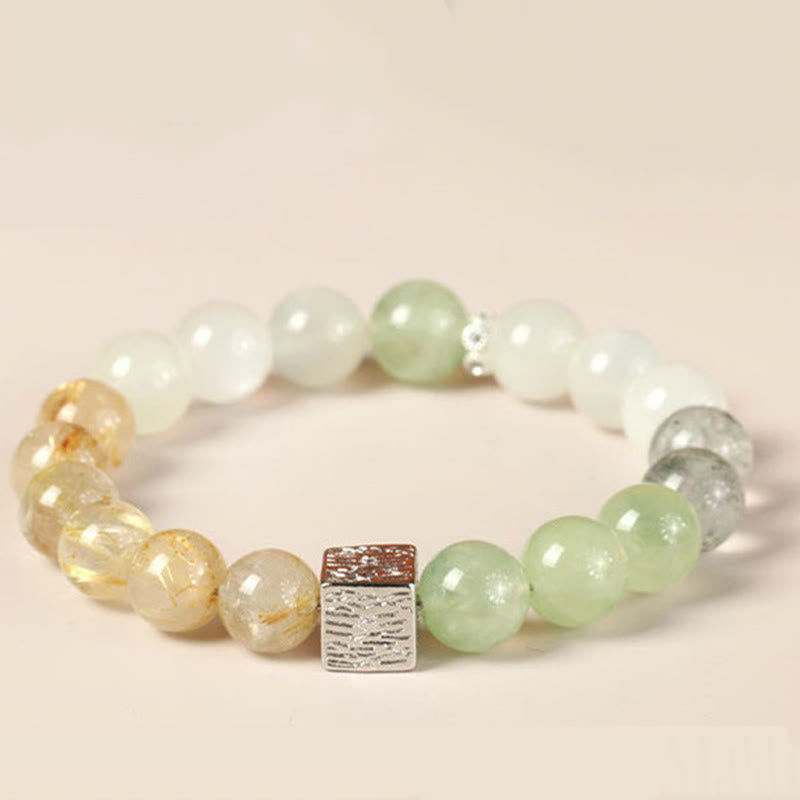 Wear FengShui Black Obsidian Black Rutilated Quartz Moonstone Cube Strength Bracelet