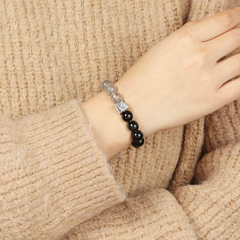 Wear FengShui Black Obsidian Black Rutilated Quartz Moonstone Cube Strength Bracelet