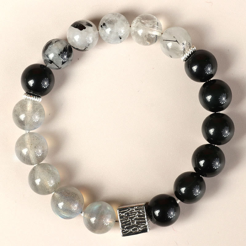 Wear FengShui Black Obsidian Black Rutilated Quartz Moonstone Cube Strength Bracelet