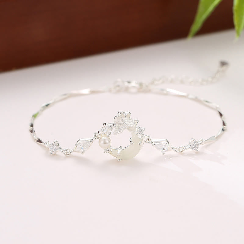 Wear FengShui Hetian Jade 925 Sterling Silver Cubic Zirconia Pearl Lotus Bracelet