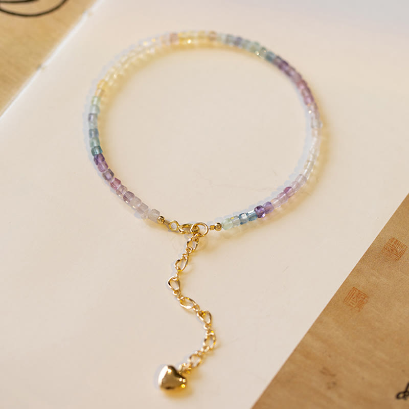 Wear FengShui 2.5mm Fluorite Ultra-thin Beads 14k Gold Plated Copper Heart Power Bracelet