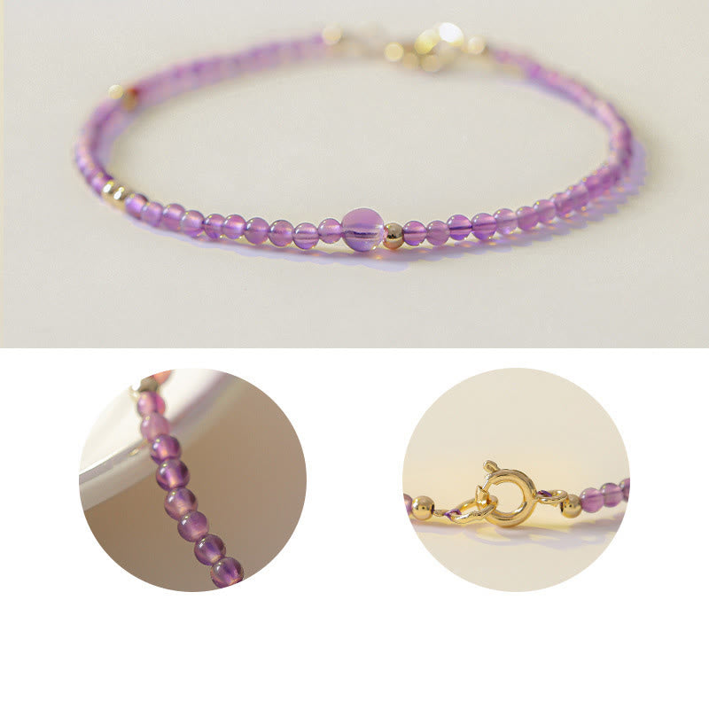 Wear FengShui 2mm Ultra-Thin Beads Natural Amethyst 14k Gold Plated Copper Inner Peace Meditation Bracelet