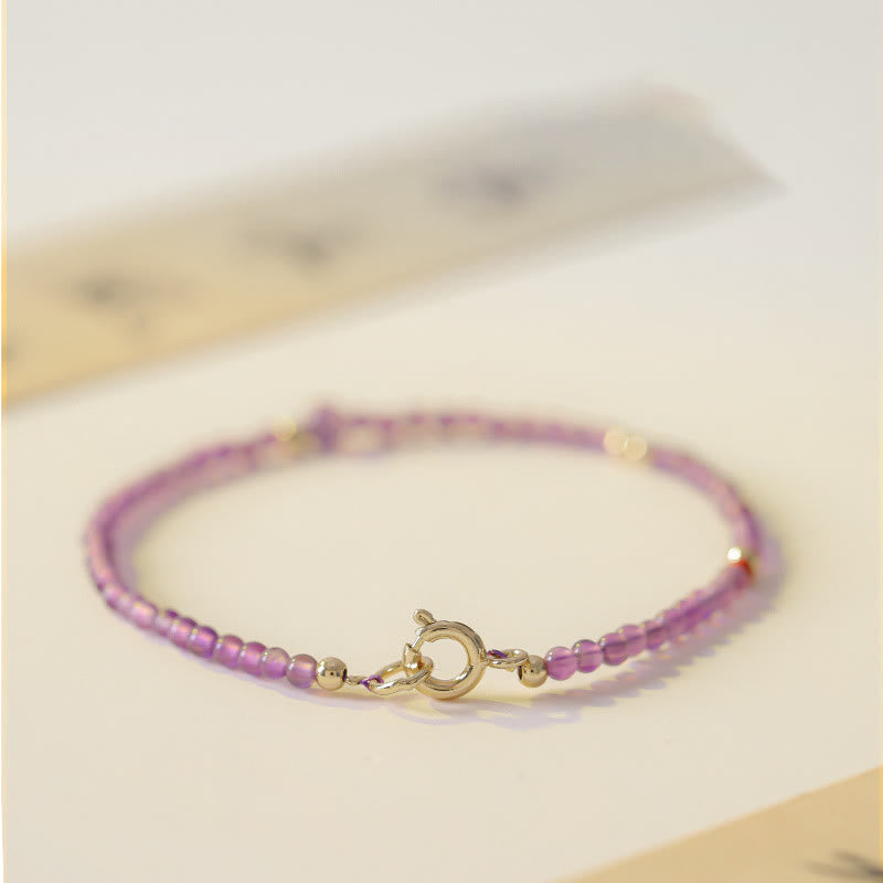 Wear FengShui 2mm Ultra-Thin Beads Natural Amethyst 14k Gold Plated Copper Inner Peace Meditation Bracelet