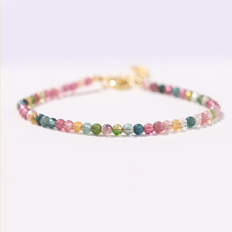 Wear FengShui 2mm Multicolor Tourmaline Ultra-thin Beads 14k Gold Plated Copper Wisdom Bracelet