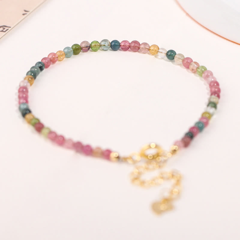 Wear FengShui 2mm Multicolor Tourmaline Ultra-thin Beads 14k Gold Plated Copper Wisdom Bracelet