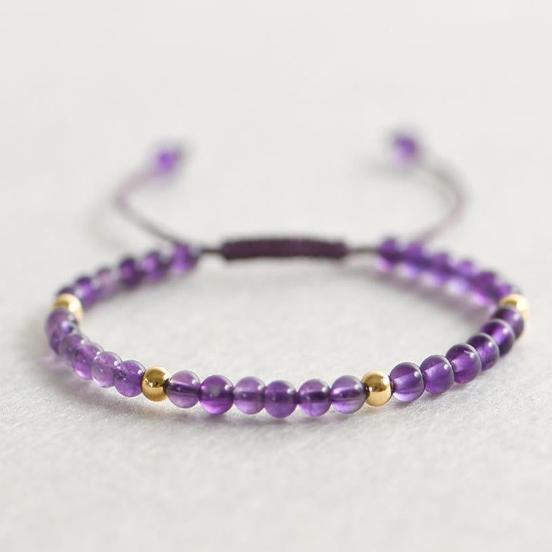 Wear FengShui 4mm Handmade Natural Amethyst 14k Gold Plated Copper Beads Braided String Relieves Stress Bracelet