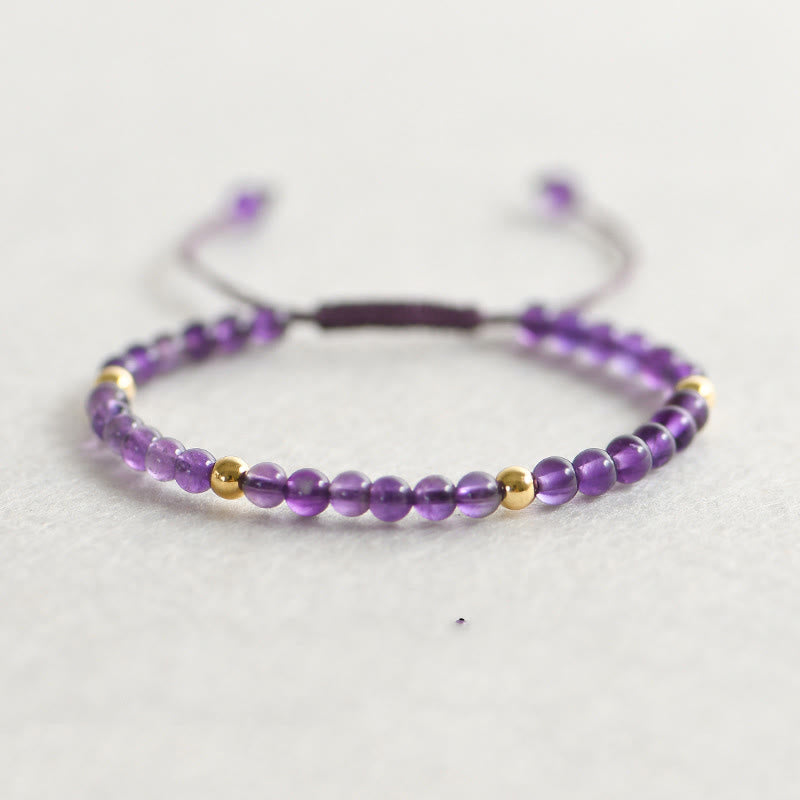 Wear FengShui 4mm Handmade Natural Amethyst 14k Gold Plated Copper Beads Braided String Relieves Stress Bracelet