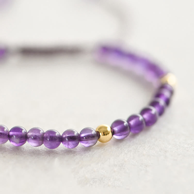 Wear FengShui 4mm Handmade Natural Amethyst 14k Gold Plated Copper Beads Braided String Relieves Stress Bracelet