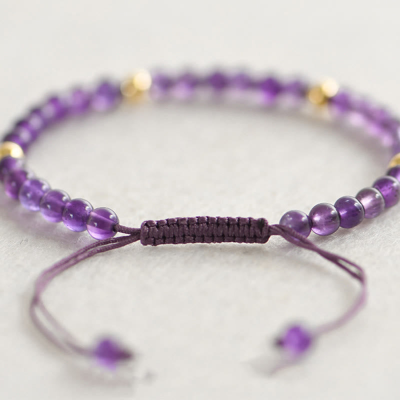 Wear FengShui 4mm Handmade Natural Amethyst 14k Gold Plated Copper Beads Braided String Relieves Stress Bracelet