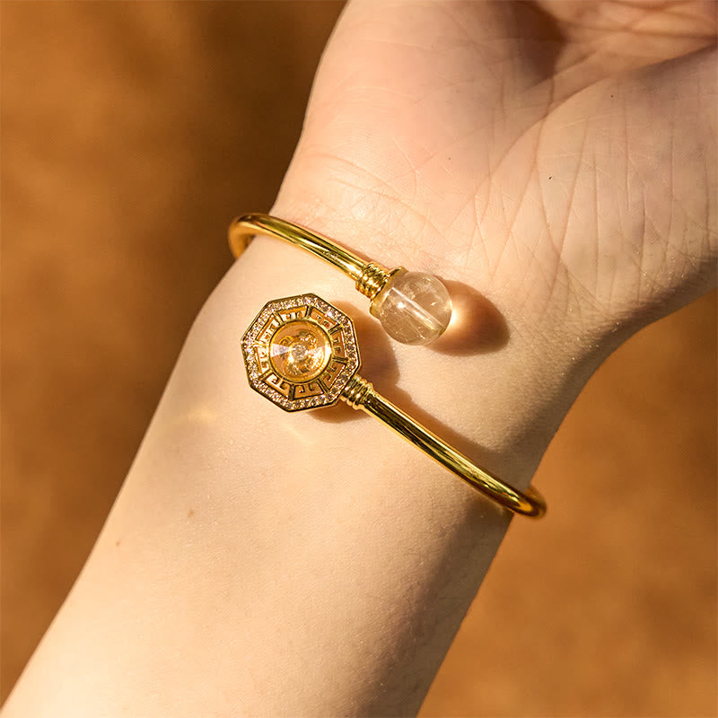 Wear FengShui Rutilated Quartz Copper Brass Rotatable Windmill Feng Sheng Shui Qi Courage Bracelet Bangle
