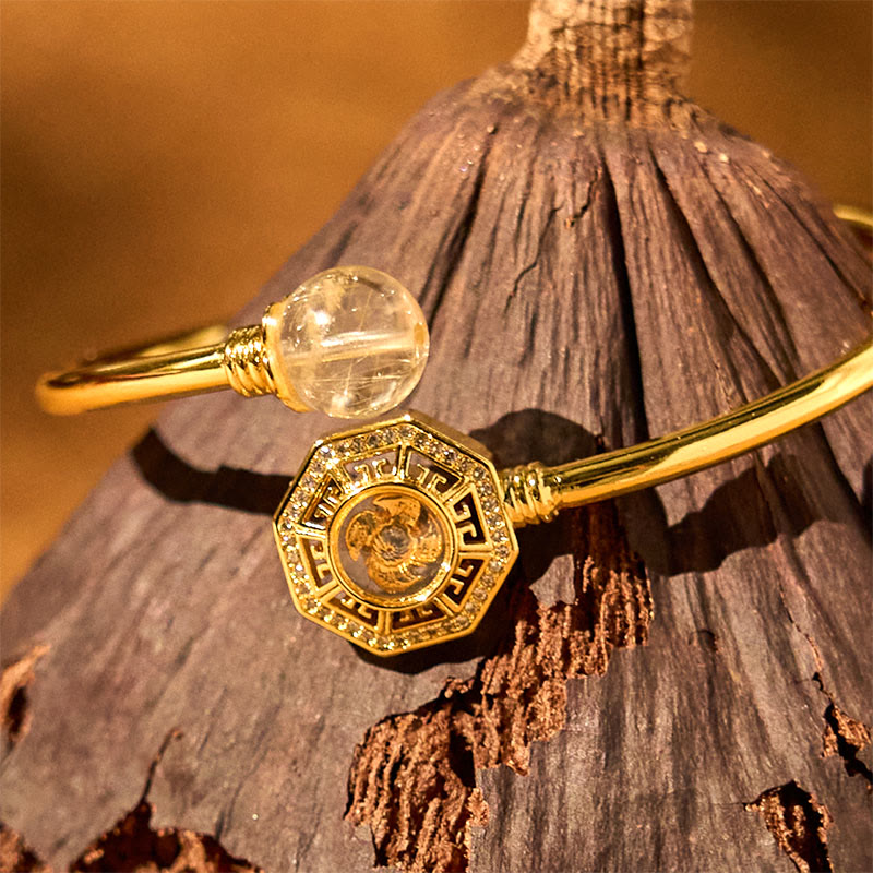 Wear FengShui Rutilated Quartz Copper Brass Rotatable Windmill Feng Sheng Shui Qi Courage Bracelet Bangle
