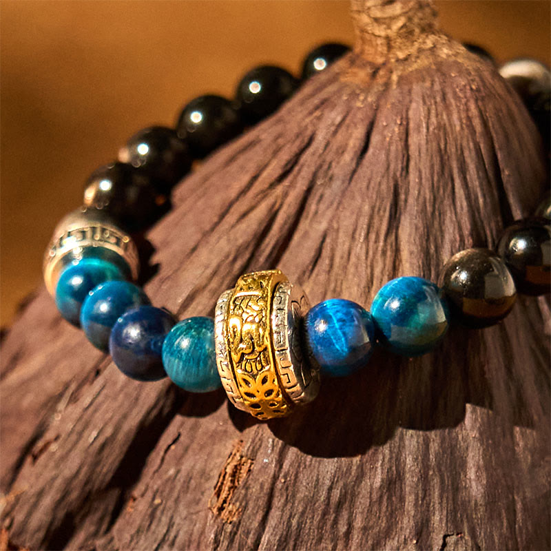 Wear FengShui Silver Sheen Obsidian Blue Tiger Eye Om Mani Padme Hum Protection Bracelet