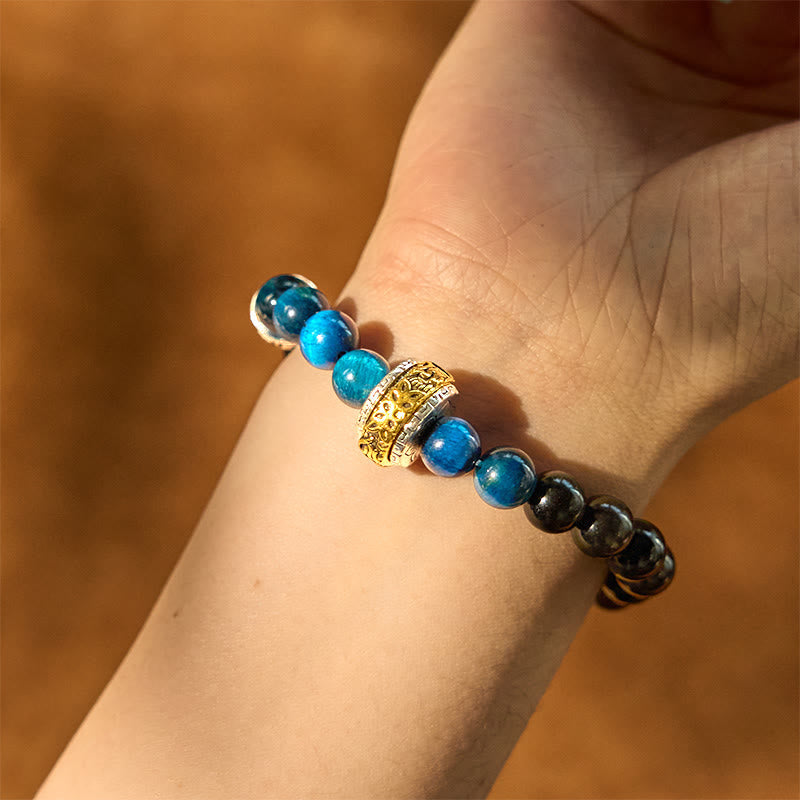 Wear FengShui Silver Sheen Obsidian Blue Tiger Eye Om Mani Padme Hum Protection Bracelet