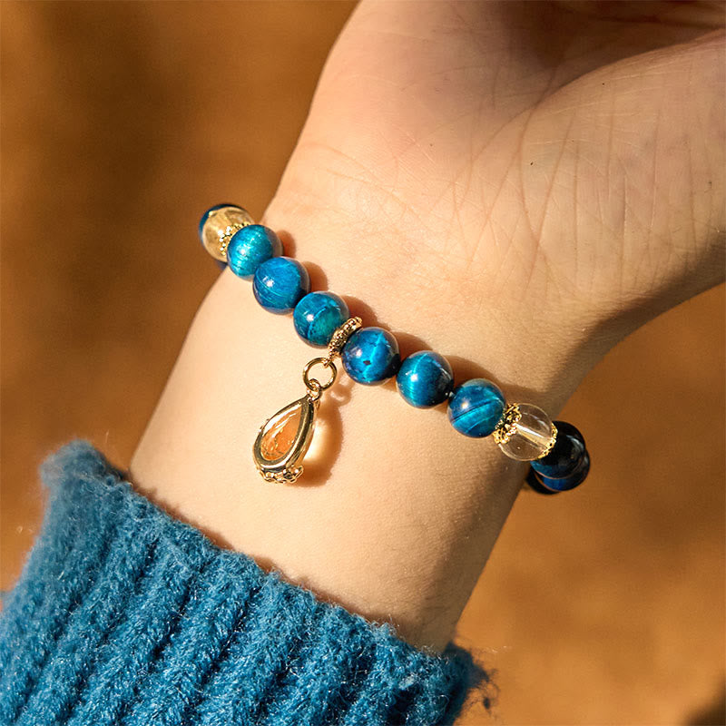 Wear FengShui Blue Tiger Eye White Crystal Water Drop Strength Bracelet