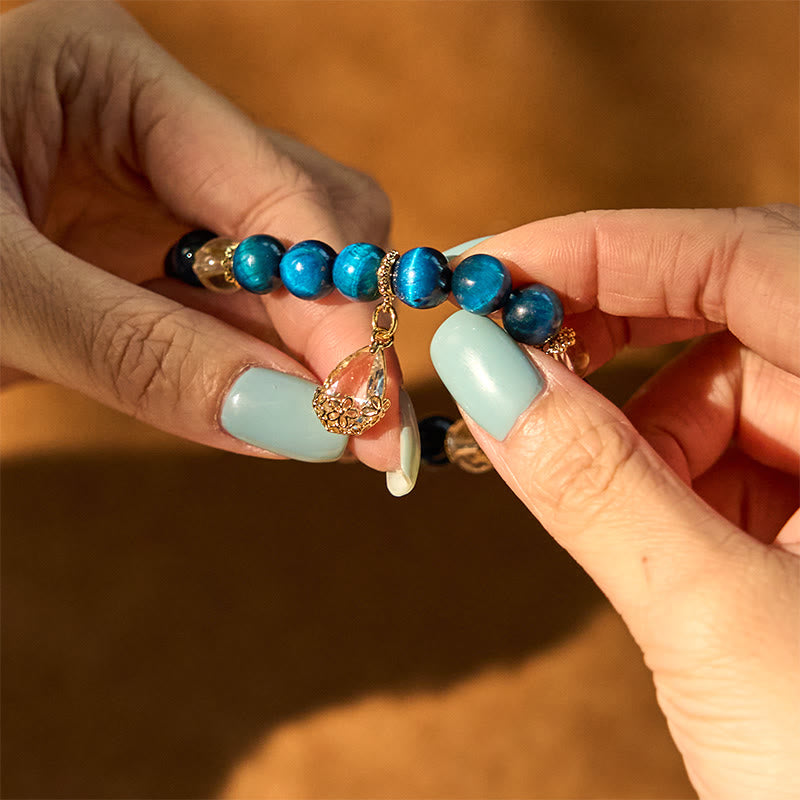 Wear FengShui Blue Tiger Eye White Crystal Water Drop Strength Bracelet