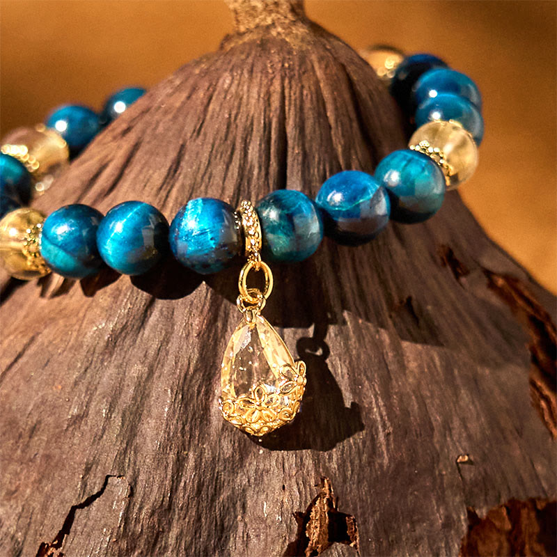 Wear FengShui Blue Tiger Eye White Crystal Water Drop Strength Bracelet