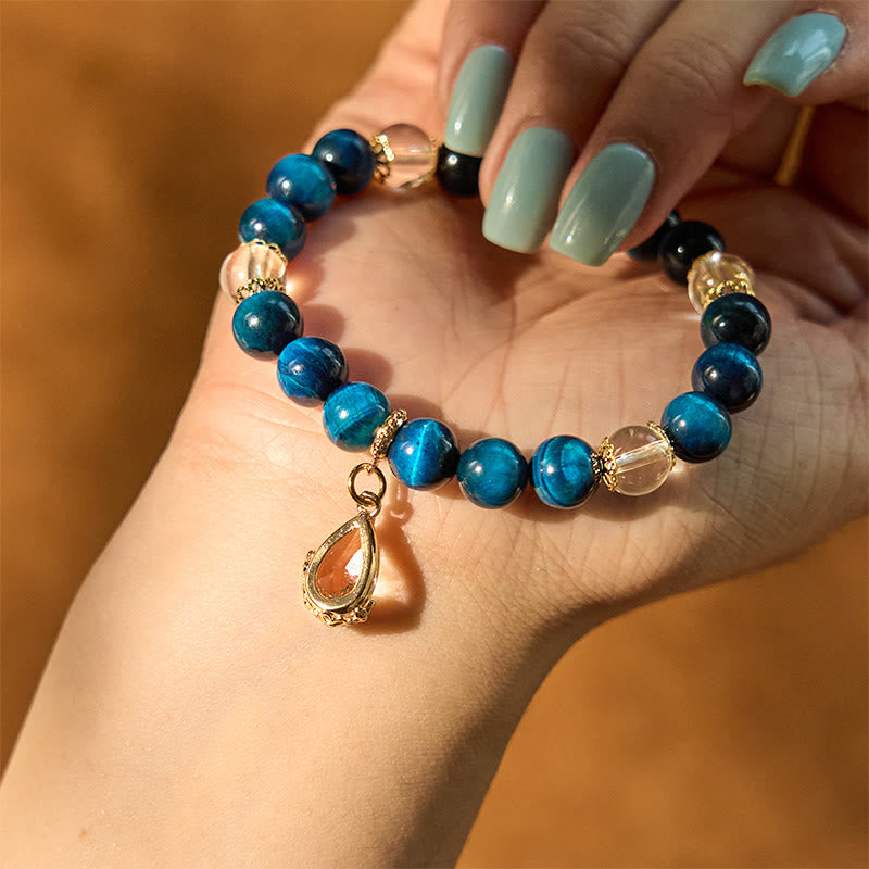 Wear FengShui Blue Tiger Eye White Crystal Water Drop Strength Bracelet