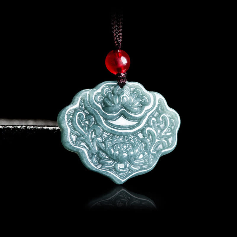 Wear FengShui Lotus Pattern Carved Jade Abundance Prosperity Necklace Rope Pendant