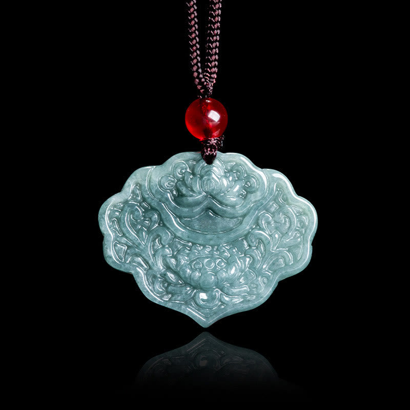 Wear FengShui Lotus Pattern Carved Jade Abundance Prosperity Necklace Rope Pendant