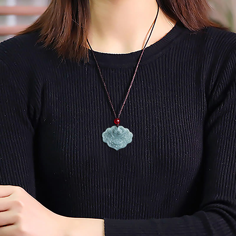 Wear FengShui Lotus Pattern Carved Jade Abundance Prosperity Necklace Rope Pendant