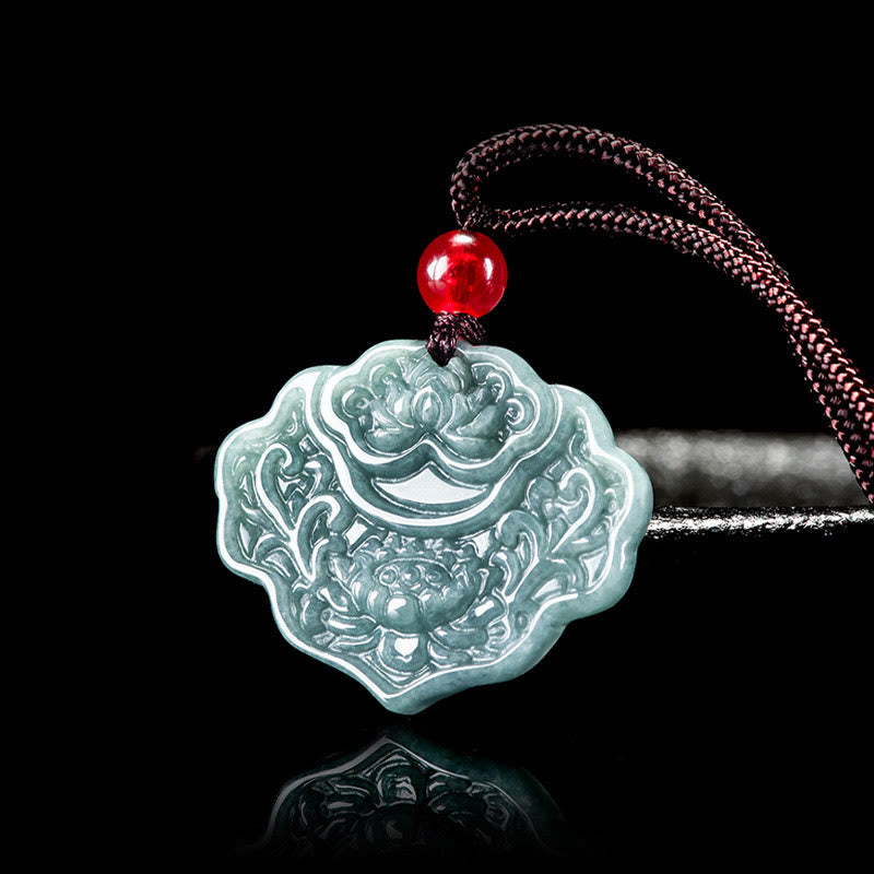 Wear FengShui Lotus Pattern Carved Jade Abundance Prosperity Necklace Rope Pendant
