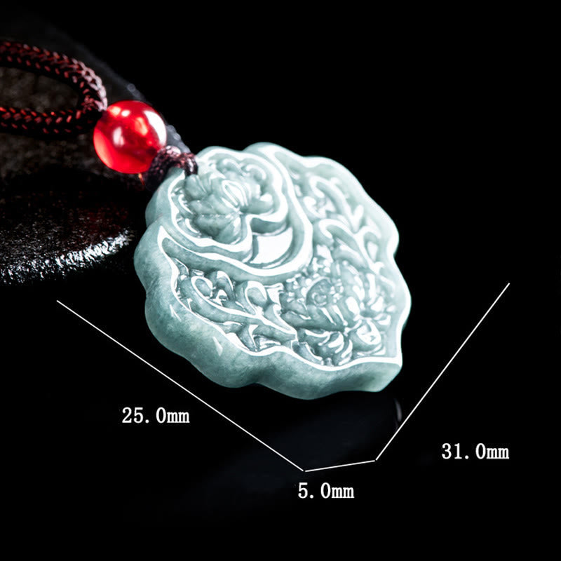 Wear FengShui Lotus Pattern Carved Jade Abundance Prosperity Necklace Rope Pendant
