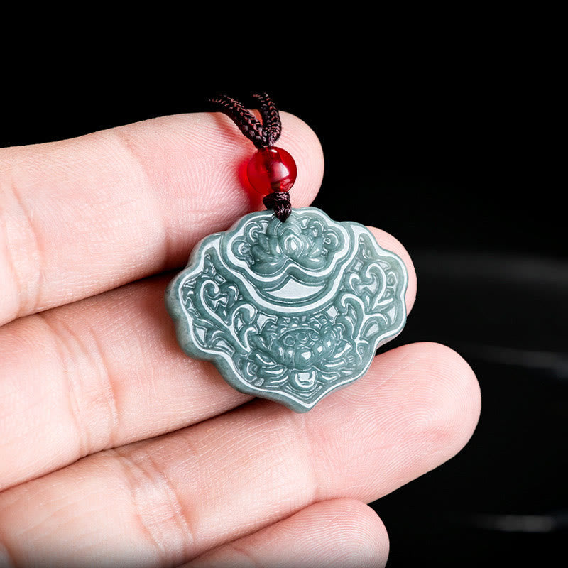Wear FengShui Lotus Pattern Carved Jade Abundance Prosperity Necklace Rope Pendant