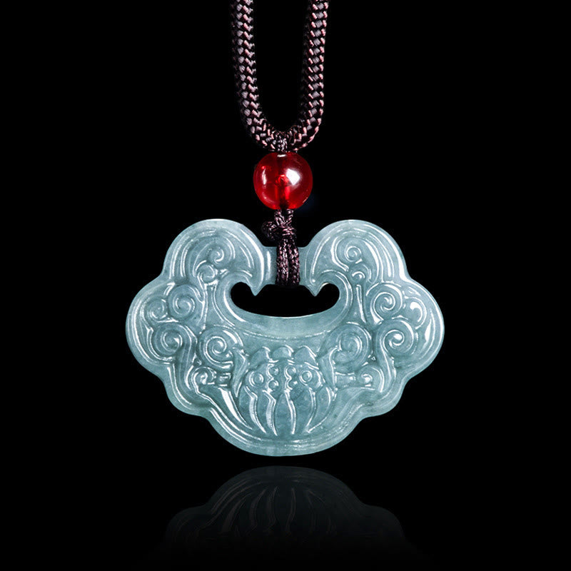Wear FengShui Lotus Carved Jade Ruyi Abundance Prosperity Abundance Necklace Pendant