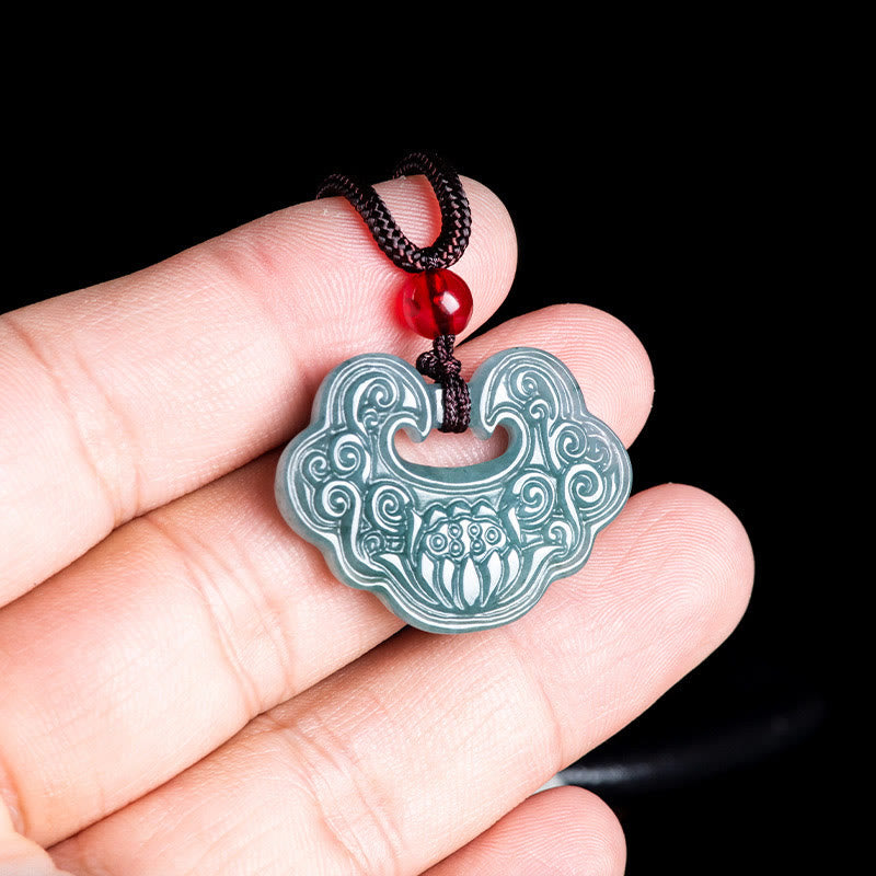 Wear FengShui Lotus Carved Jade Ruyi Abundance Prosperity Abundance Necklace Pendant