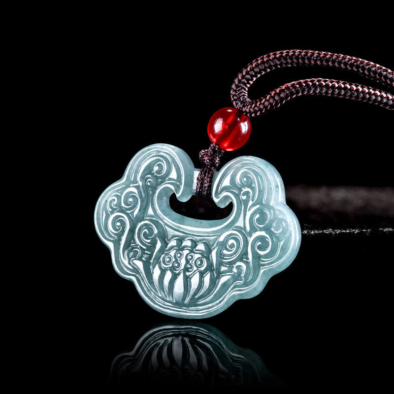 Wear FengShui Lotus Carved Jade Ruyi Abundance Prosperity Abundance Necklace Pendant