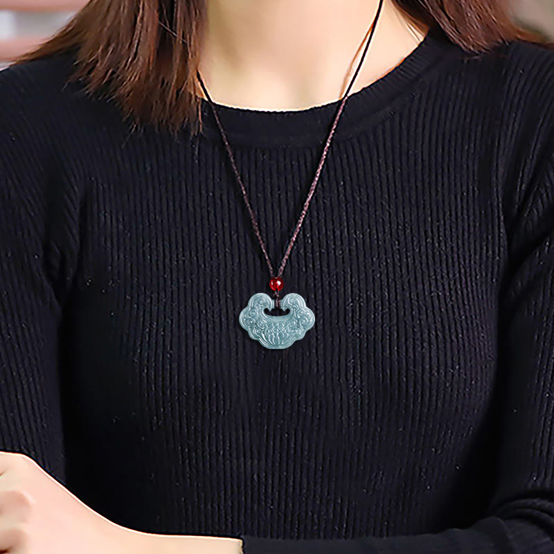 Wear FengShui Lotus Carved Jade Ruyi Abundance Prosperity Abundance Necklace Pendant