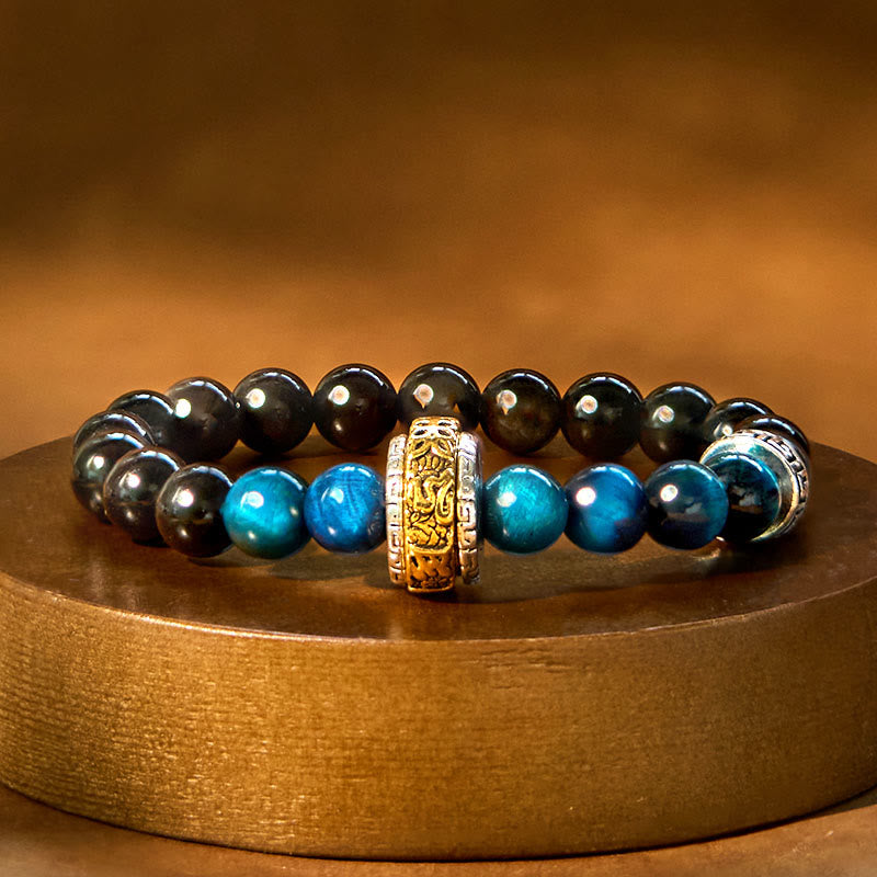 Wear FengShui Silver Sheen Obsidian Blue Tiger Eye Om Mani Padme Hum Protection Bracelet